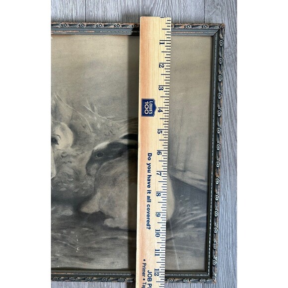 Vintage 1895 Bunny Rabbit Charcoal Crayon Drawing Framed Art Cottage Decor - Picture 5 of 9